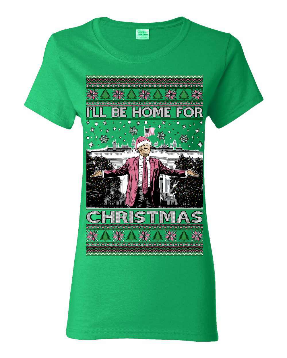 I'll Be Home for Christmas Pink Suit | Funny Santa Clause President Donald Trump White House Holiday Xmas Sweaters, MAGA Ugly Christmas Womens Graphic T-Shirt