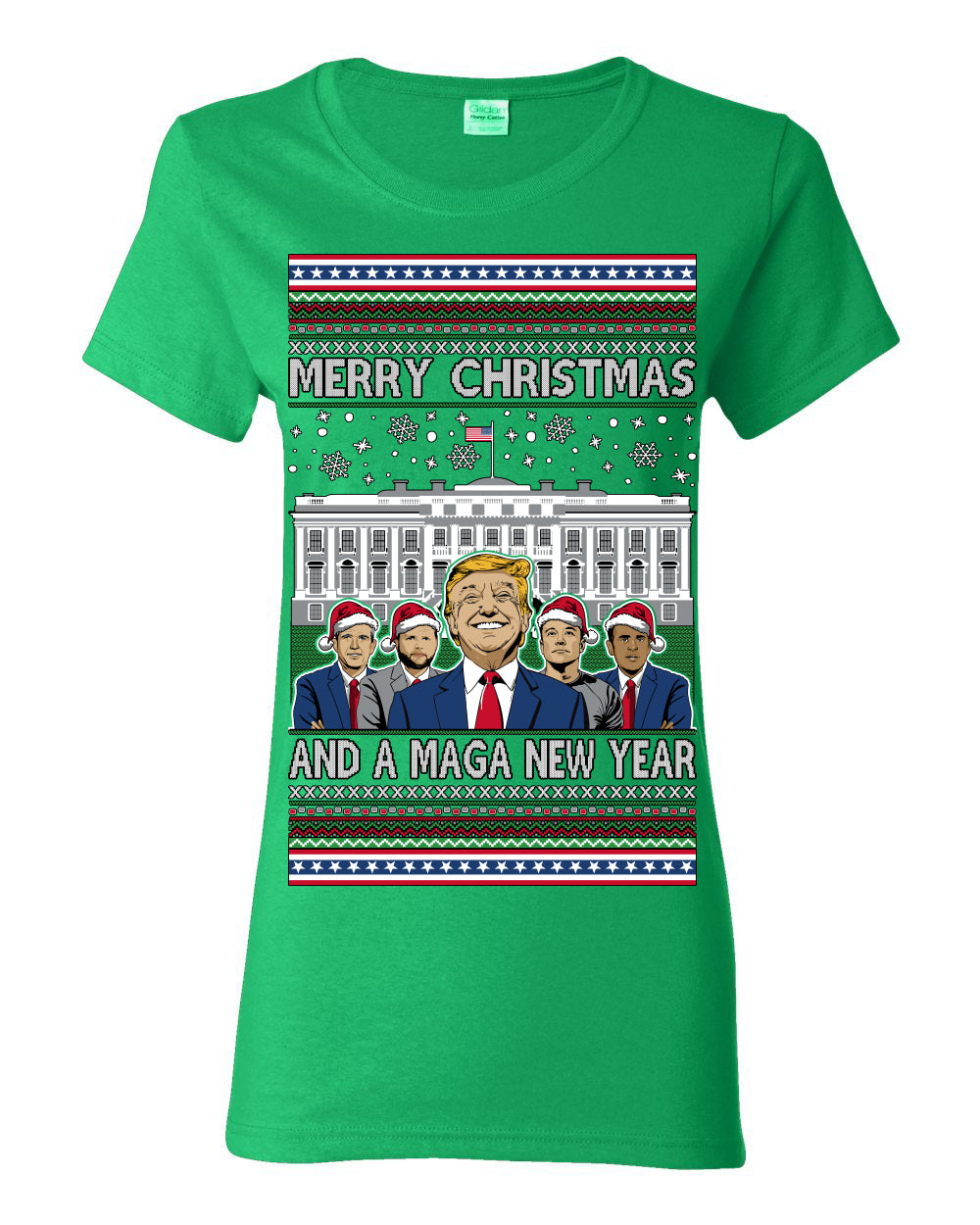 Merry Christmas and a MAGA New Year 2025, Trump Vance Administration 45 47 Make America Great Again USA Ugly Christmas Sweater Ugly Christmas Womens Graphic T-Shirt