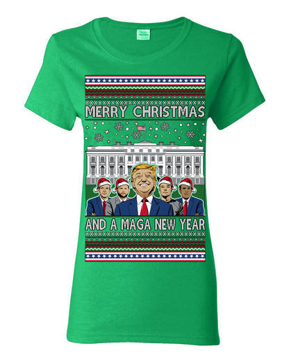 Merry Christmas and a MAGA New Year 2025, Trump Vance Administration 45 47 Make America Great Again USA Ugly Christmas Sweater Ugly Christmas Womens Graphic T-Shirt