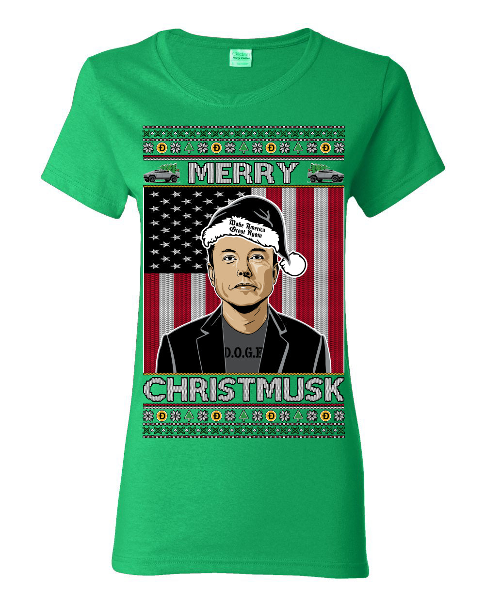 Merry Christmusk Funny Dark MAGA Santa Elon Doge Meme, Crypto Dogecoin America First USA Republican Ugly Christmas Sweater Ugly Christmas Womens Graphic T-Shirt