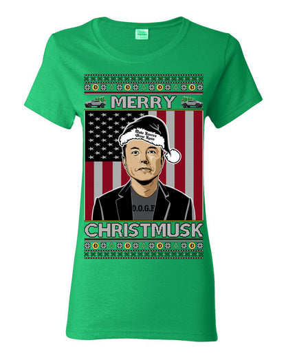 Merry Christmusk Funny Dark MAGA Santa Elon Doge Meme, Crypto Dogecoin America First USA Republican Ugly Christmas Sweater Ugly Christmas Womens Graphic T-Shirt