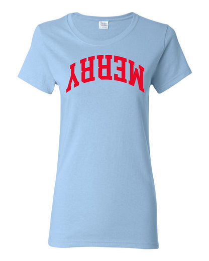 Merry Red Text, Classic College Style Trendy Upside Down Text Ugly Christmas Sweater Ugly Christmas Womens Graphic T-Shirt