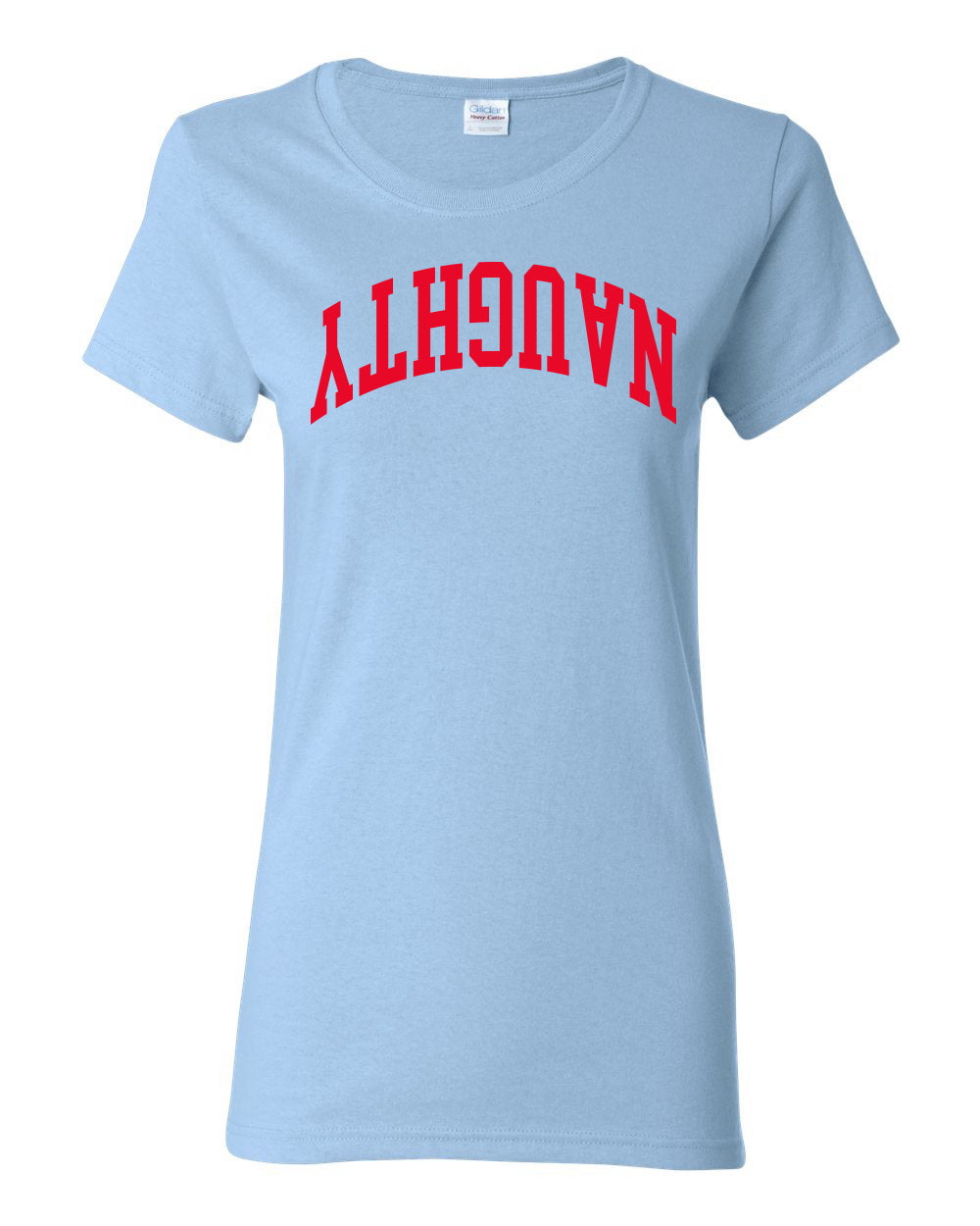Naughty Red Text, Classic College Style Trendy Upside Down Text Ugly Christmas Sweater Ugly Christmas Womens Graphic T-Shirt