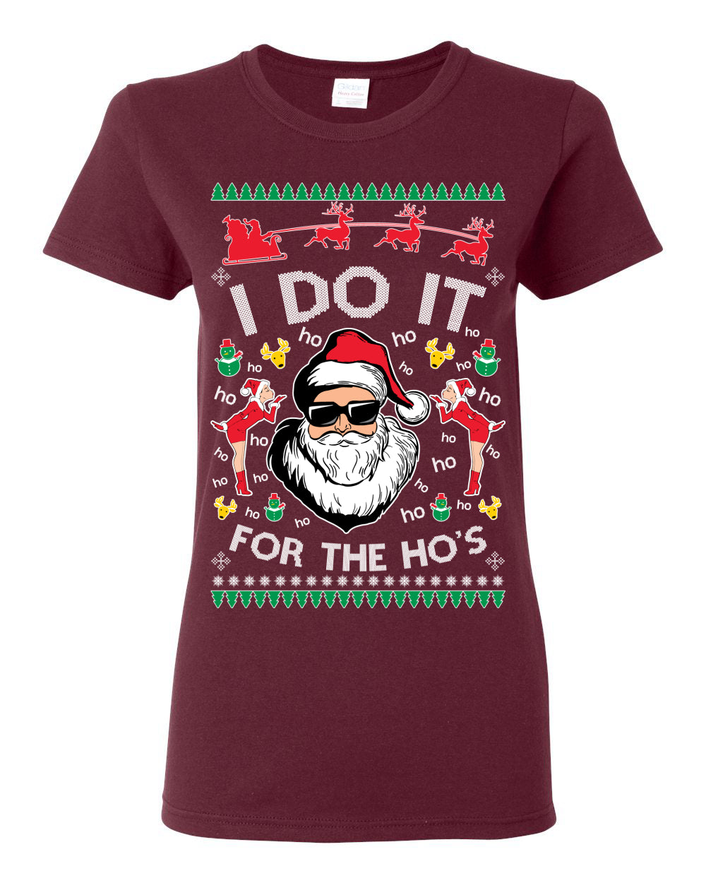 I Do It for the Hos Funny Santa Claus, Xmas Winter Holiday Classic Elves Presents Ugly Christmas Sweater Ugly Christmas Womens Graphic T-Shirt