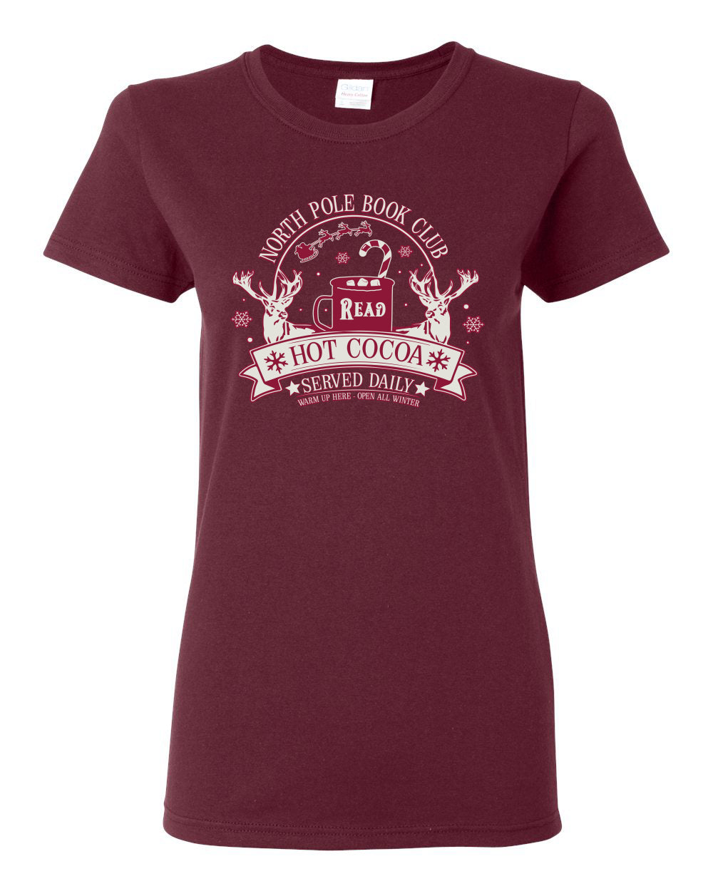 North Pole Book Club | Hot Cocoa Served Daily, Cute Funny Read Books Reading Snow Reindeer Winter Hot Chocolate Ugly Christmas Womens Graphic T-Shirt