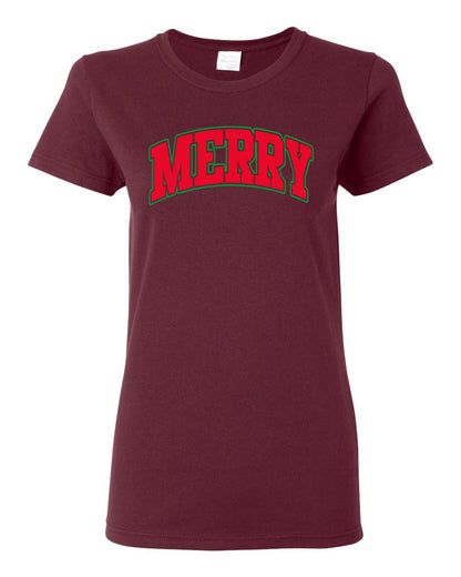 Merry | Cute Winter Holiday College Style Ugly Christmas Womens Graphic T-Shirt