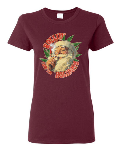 Rollin Into the Holidays | Funny Santa Claus Smoking Weed THC Marijuana Joint Fan  Ugly Christmas Womens Graphic T-Shirt