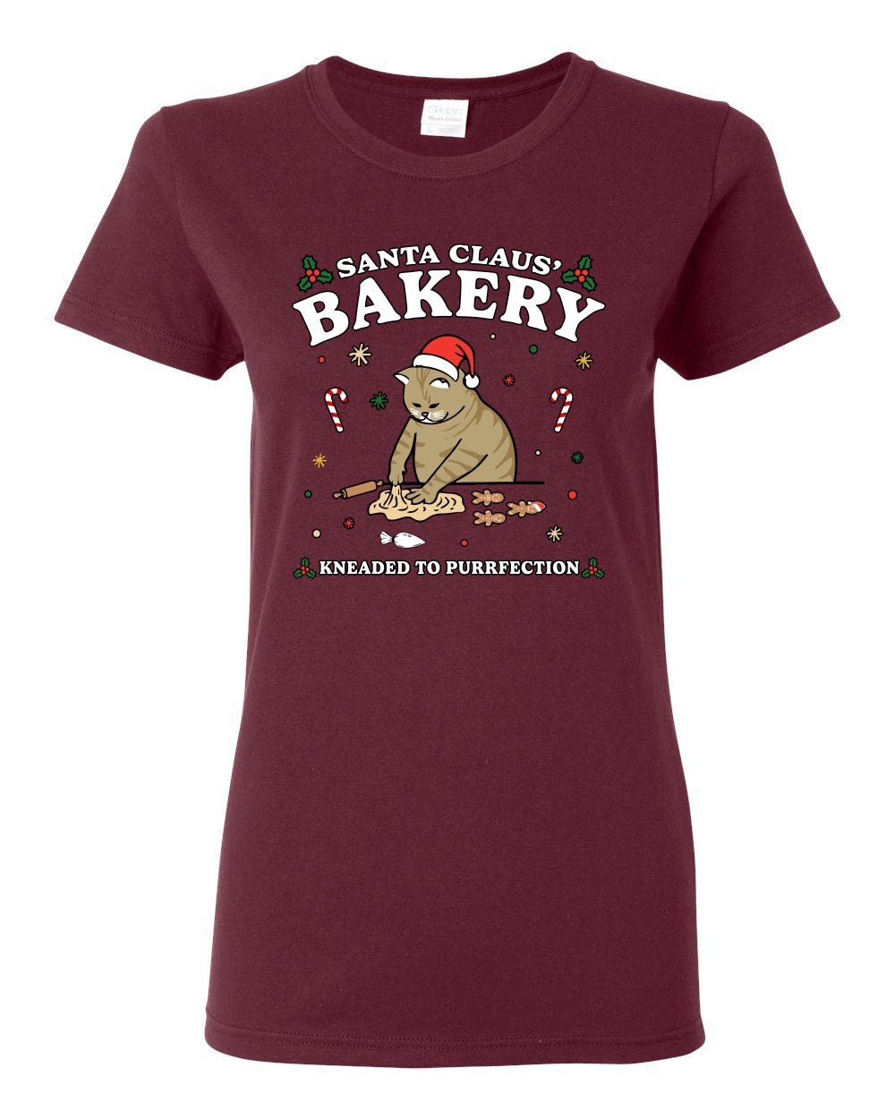 Santa Claus Bakery | Bread Kneaded to Purrfection, Funny Cute Cat Chef Baker Joke Ugly Christmas Womens Graphic T-Shirt