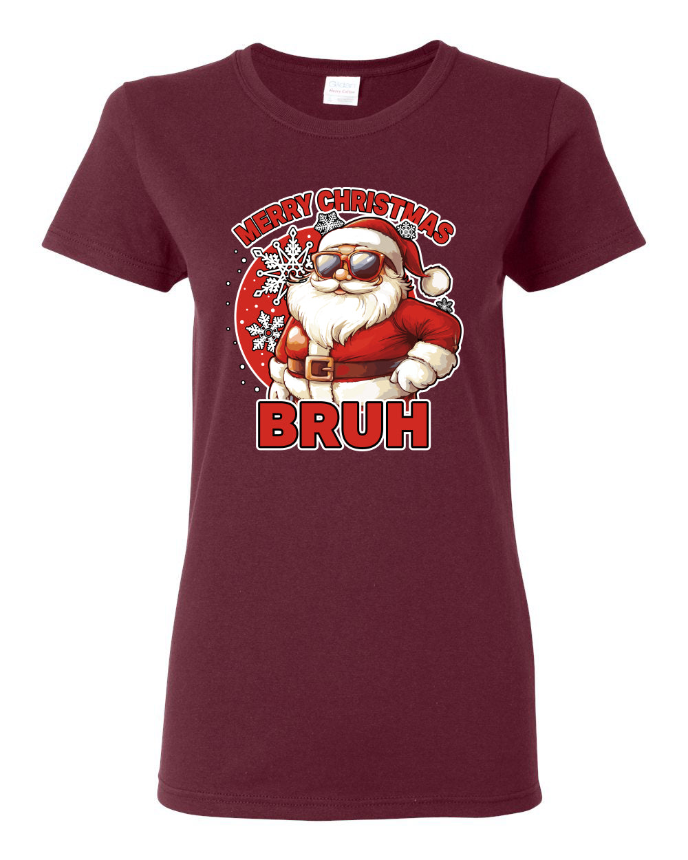 Merry Christmas Bruh | Funny Cool Santa Claus Sunglasses Trendy Hip Viral Meme Ugly Christmas Womens Graphic T-Shirt