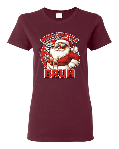 Merry Christmas Bruh | Funny Cool Santa Claus Sunglasses Trendy Hip Viral Meme Ugly Christmas Womens Graphic T-Shirt