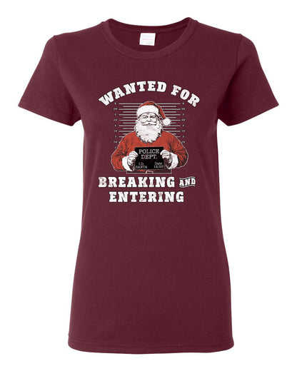 Wanted for Breaking and Entering | Funny Santa Claus Christmas Eve Police Mugshot Ugly Christmas Womens Graphic T-Shirt
