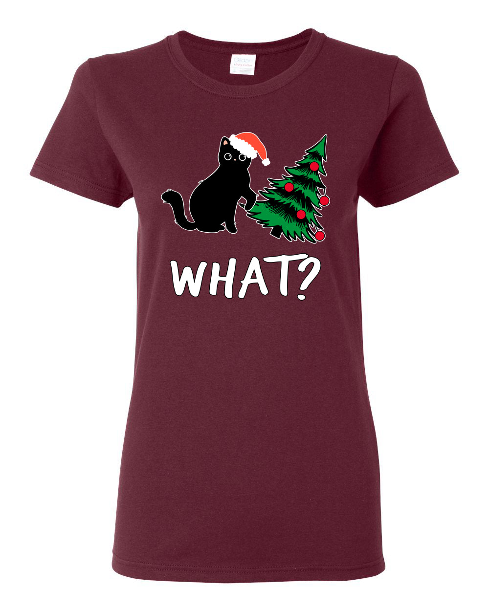 What? Funny Guilty Santa Cat Christmas Tree Mischief Pet Humor Ugly Christmas Womens Graphic T-Shirt