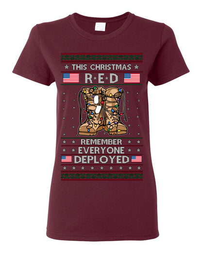This Christmas RED Remember Everyone Deployed, Pro Military Vet 1st 2nd Amendment Veteran, RED Friday Ugly Christmas Sweater Ugly Christmas Womens Graphic T-Shirt