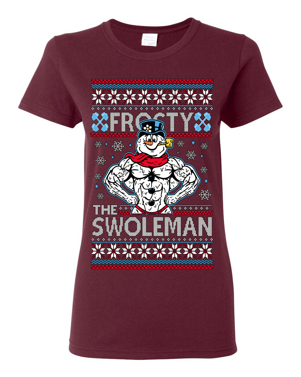Frosty the Swoleman, Funny Snow Man Workout Gym Weight Lifting, Snowman Classic Movie Ugly Christmas Sweater Ugly Christmas Womens Graphic T-Shirt