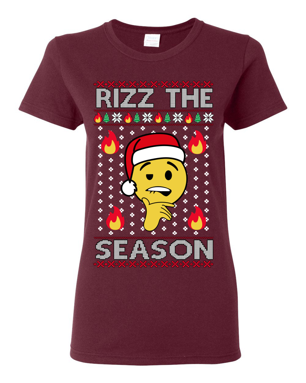 Rizz the Season, Viral Internet Fire Emoji Face Meme Romance Slang, Ugly Christmas Sweater Ugly Christmas Womens Graphic T-Shirt