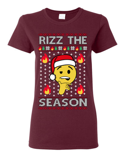 Rizz the Season, Viral Internet Fire Emoji Face Meme Romance Slang, Ugly Christmas Sweater Ugly Christmas Womens Graphic T-Shirt