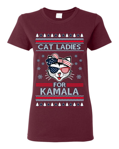 Cat Ladies for Kamala USA Glasses, Harris Tim Walz 2024 Cute USA Glasses Bow, Ugly Christmas Sweater Crewneck Sweatshirt Ugly Christmas Womens Graphic T-Shirt