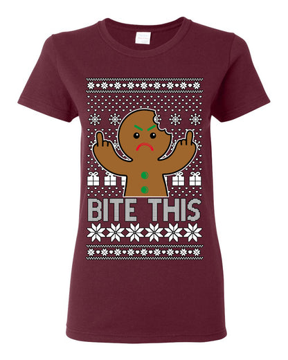 Bite This, Funny Gingerbread Cookie Offensive Inappropriate Middle Finger, F U Ginger Bread Dirty Novelty Xmas Ugly Christmas Sweater Ugly Christmas Womens Graphic T-Shirt