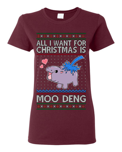 All I Want for Christmas is Moo Deng, Cute Pygmy Hippo Meme Viral Zoo Animal Y2K Era Funny Memes, Ugly Christmas Sweater Ugly Christmas Womens Graphic T-Shirt