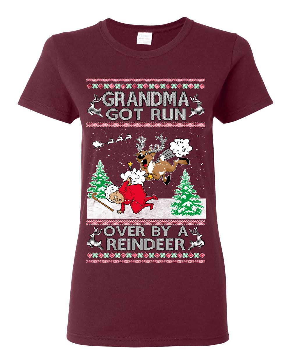 Grandma Got Run Over by a Reindeer, Funny Animated Design Rein Deer Kids TV Song Movie, Ugly Christmas Sweater Ugly Christmas Womens Graphic T-Shirt