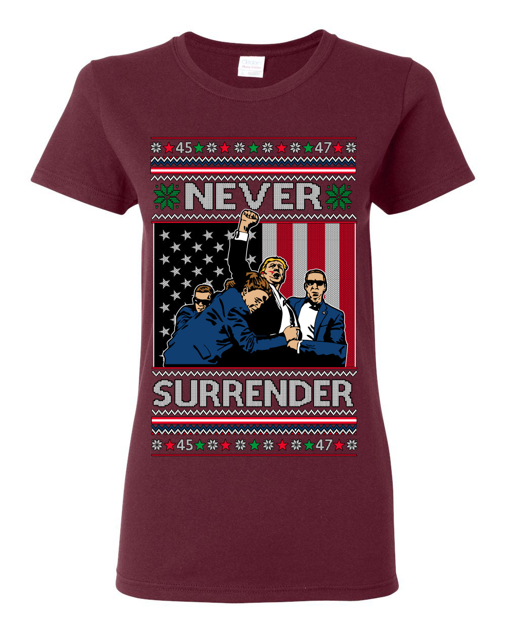 Never Surrender, Pro Donald Trump Fight Fight Fight Fist Pump 2024 Butler PA Rally Shot, Ugly Christmas Sweater Ugly Christmas Womens Graphic T-Shirt