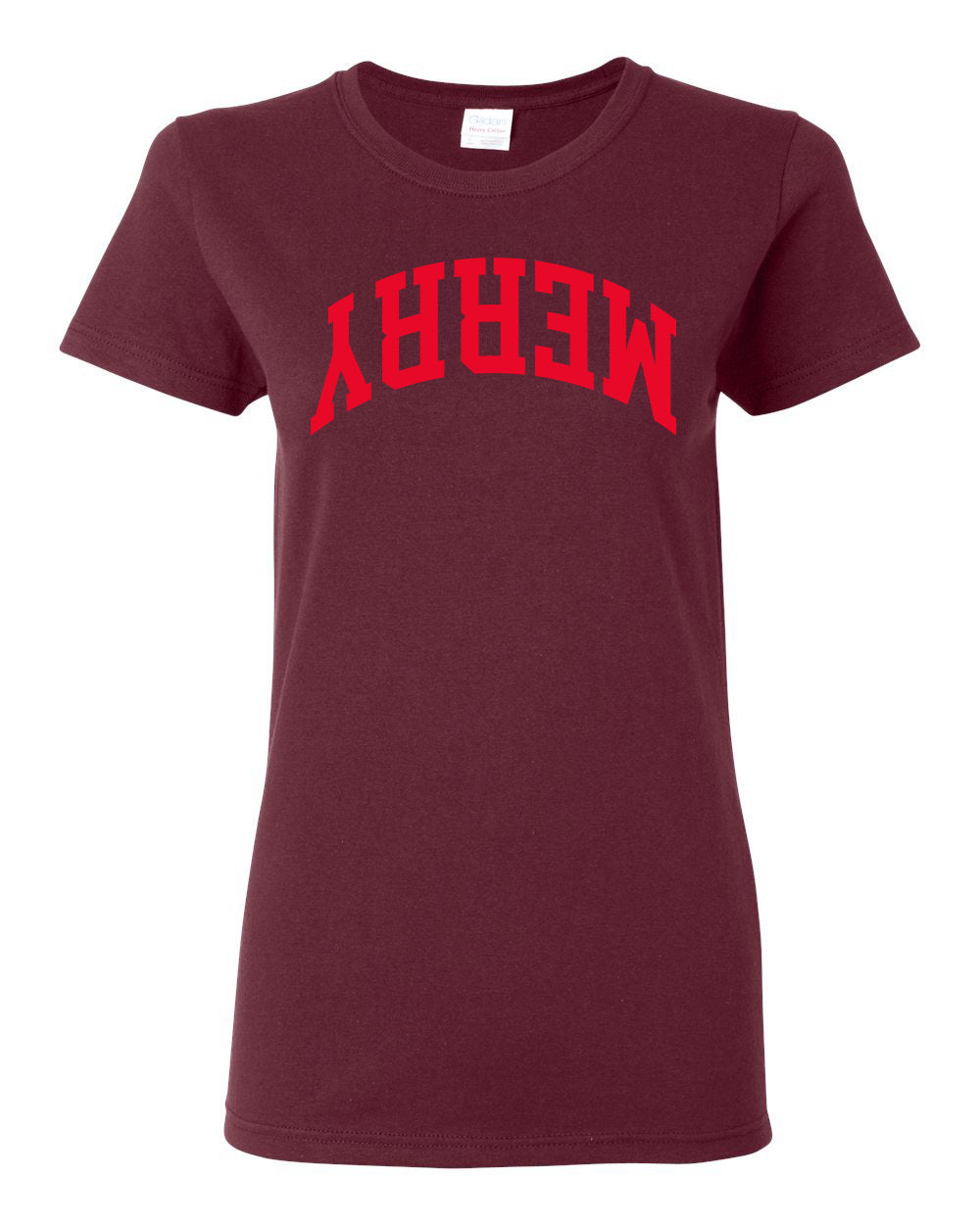 Merry Red Text, Classic College Style Trendy Upside Down Text Ugly Christmas Sweater Ugly Christmas Womens Graphic T-Shirt