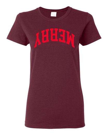 Merry Red Text, Classic College Style Trendy Upside Down Text Ugly Christmas Sweater Ugly Christmas Womens Graphic T-Shirt
