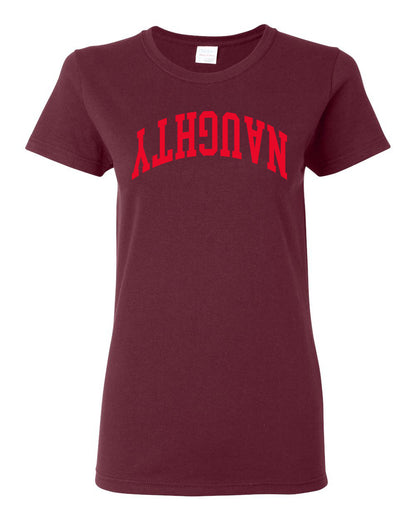 Naughty Red Text, Classic College Style Trendy Upside Down Text Ugly Christmas Sweater Ugly Christmas Womens Graphic T-Shirt