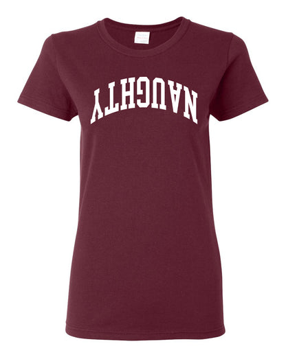 Naughty White Text, Classic College Style Trendy Upside Down Ugly Christmas Sweater Ugly Christmas Womens Graphic T-Shirt