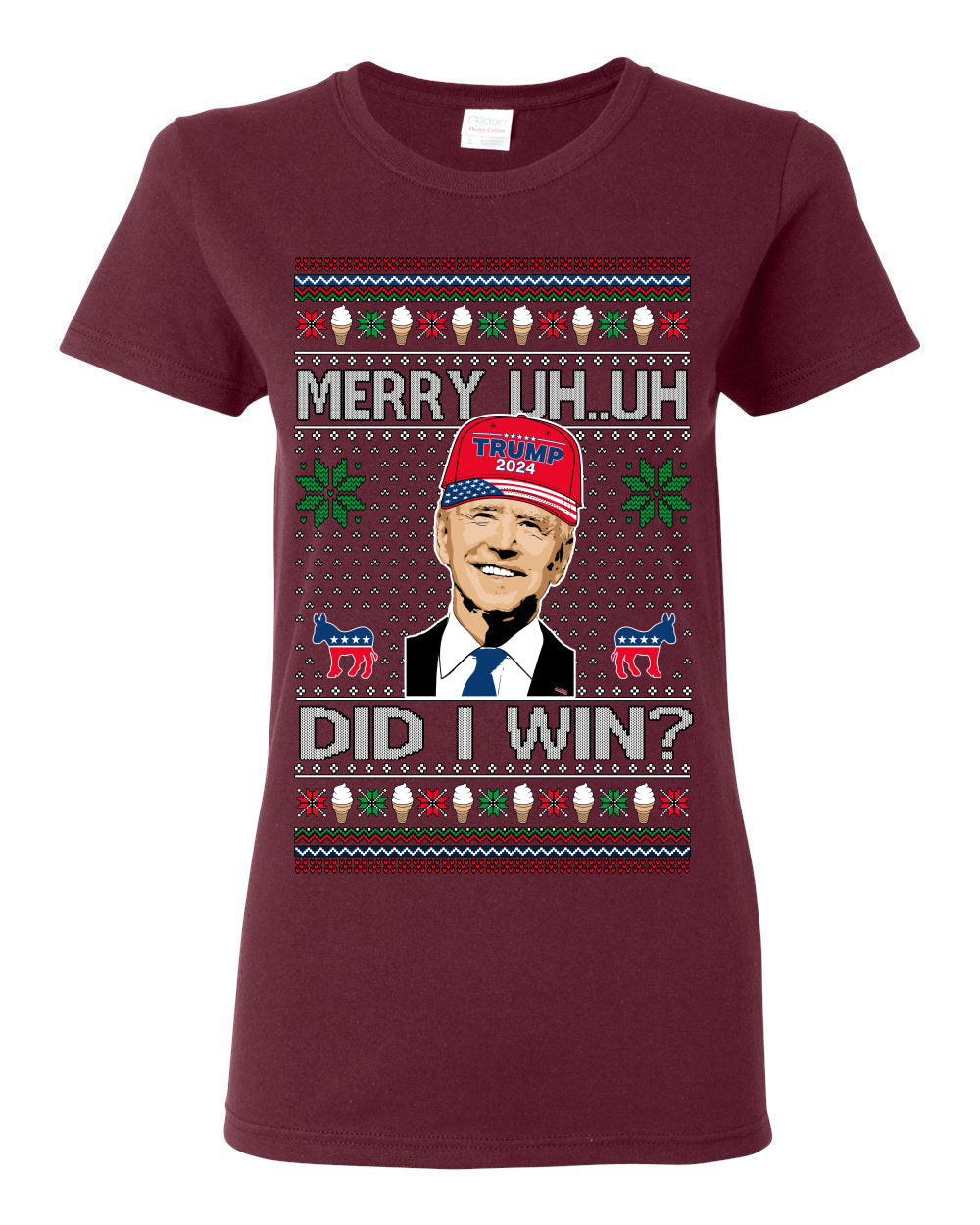 Merry Uh Did I Win? Funny Confused Joe Biden, Liberal Democrats Election 2024 Ugly Christmas Sweater Ugly Christmas Womens Graphic T-Shirt