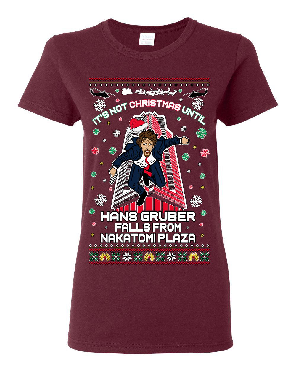 It's Not Christmas Until Hans Gruber Falls From Nakatomi Plaza, Color Design Skyscraper LA Falling Iconic 80s Xmas Movie Ugly Christmas Sweater Ugly Christmas Womens Graphic T-Shirt