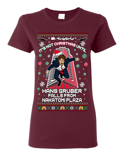 It's Not Christmas Until Hans Gruber Falls From Nakatomi Plaza, Color Design Skyscraper LA Falling Iconic 80s Xmas Movie Ugly Christmas Sweater Ugly Christmas Womens Graphic T-Shirt