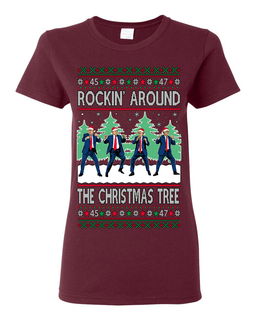 Rocking Around the Christmas Tree Trump Shimmy Dance Ugly Christmas Sweater Ugly Christmas Womens Graphic T-Shirt