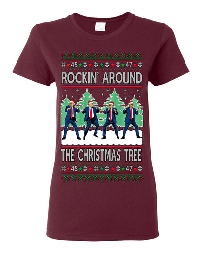 Rocking Around the Christmas Tree Trump Shimmy Dance Ugly Christmas Sweater Ugly Christmas Womens Graphic T-Shirt