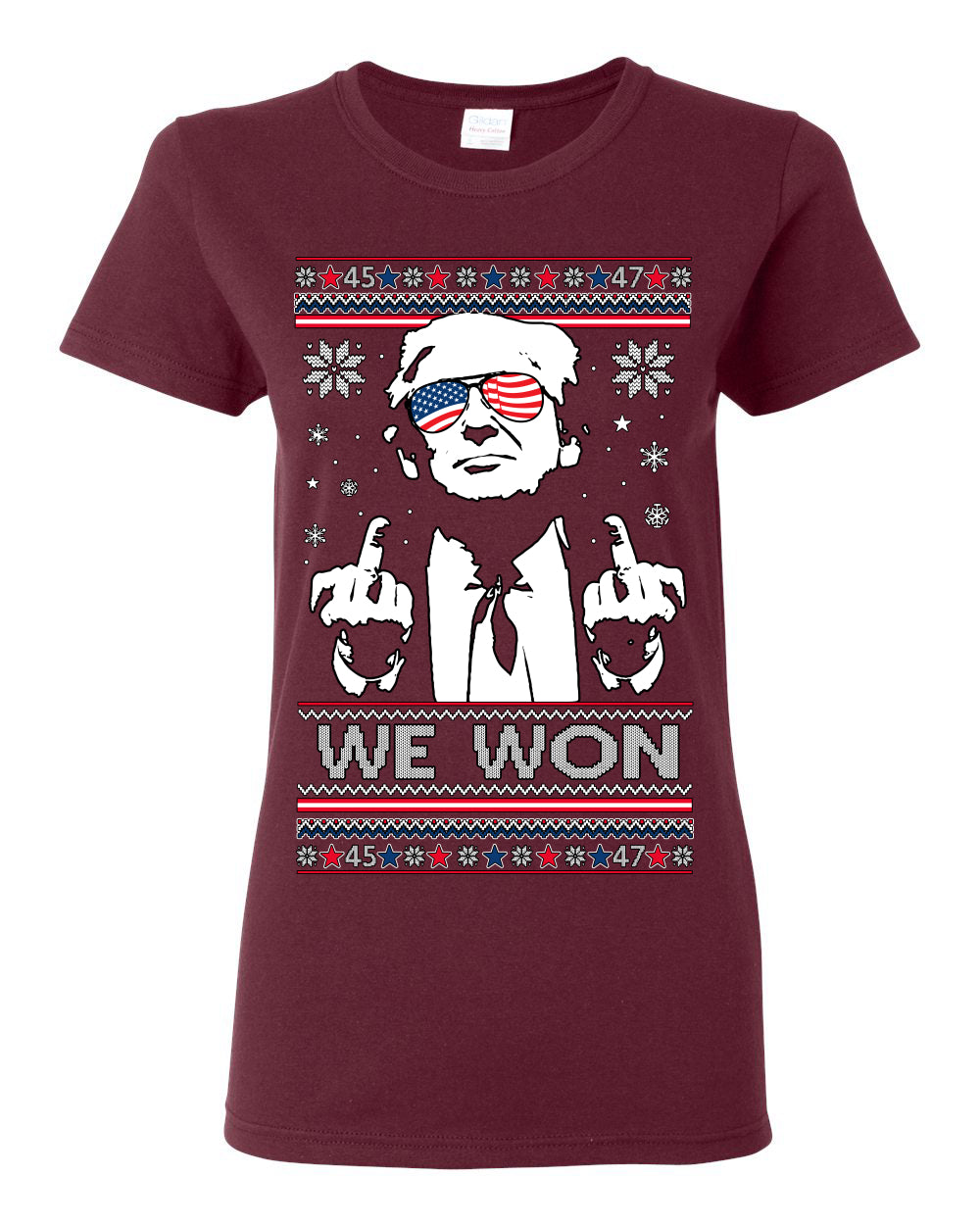 We Won Funny 45 47 President Trump Shot USA Glasses, 47th USA President of the United States, Gift for Republicans Conservatives Ugly Christmas Sweater Ugly Christmas Womens Graphic T-Shirt