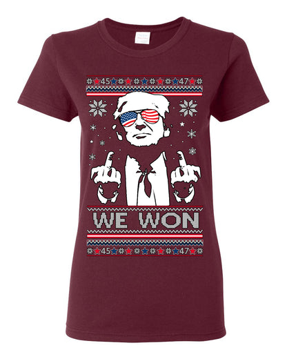 We Won Funny 45 47 President Trump Shot USA Glasses, 47th USA President of the United States, Gift for Republicans Conservatives Ugly Christmas Sweater Ugly Christmas Womens Graphic T-Shirt