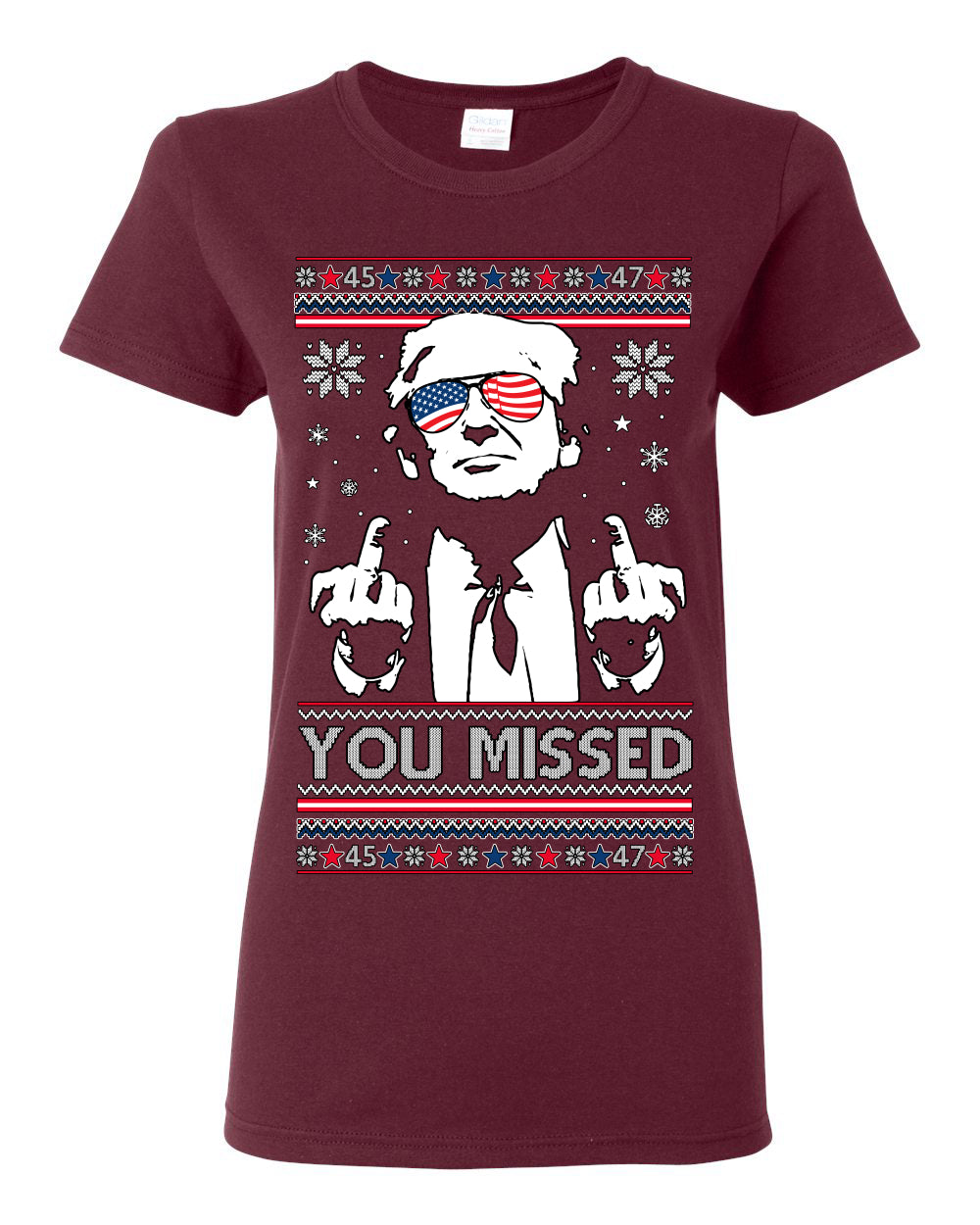 You Missed Funny 45 47 President Trump Shot USA Glasses, 47th USA President of the United States, Gift for Republicans Conservatives Ugly Christmas Sweater Ugly Christmas Womens Graphic T-Shirt