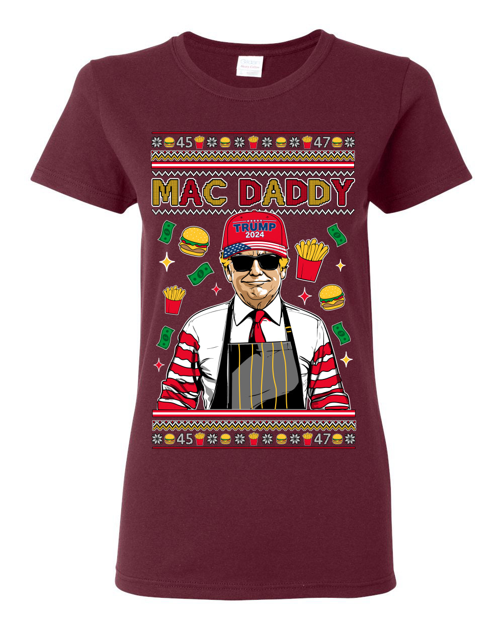 Mac Daddy Funny Viral Trump Meme, PA Fast Food Worker Chef Fries Burgers, 2024 MAGA Make America Great Again Ugly Christmas Sweater Ugly Christmas Womens Graphic T-Shirt