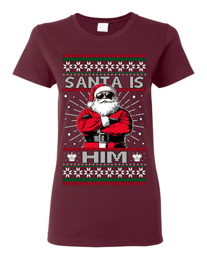 Santa Is Him Funny Gen Z Viral Meme Shades, Religious Christ Christian Christianity Brain Rot Joke Slang Ugly Christmas Sweater Ugly Christmas Womens Graphic T-Shirt