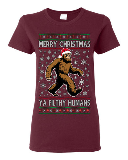 Merry Christmas Ya Filthy Humans Funny Sasquatch, UFO Conspiracy Theory Y2K Big Foot Supernatural Theorist Bigfoot Ugly Christmas Sweater Ugly Christmas Womens Graphic T-Shirt