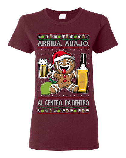 Arriba Abajo Al Centro Pa'Dentro Cheers to Health, Drinking Beer Cerveza Funny Gingerbread Xmas Cookie Ropa en Espanol Salud Ugly Christmas Sweater Ugly Christmas Womens Graphic T-Shirt