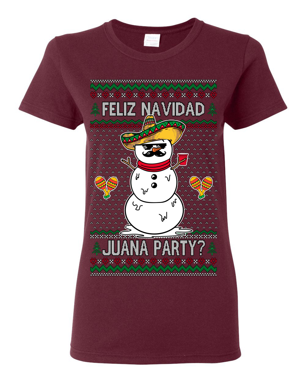 Feliz Navidad Juana Party? Funny Spanish Drinking Sueter Cerveza Ropa en Espanol Ugly Christmas Sweater Ugly Christmas Womens Graphic T-Shirt