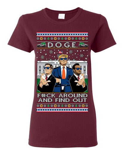 Doge F Around and Find Out Donald Trump Elon Vivek, Department of Govenmental Efficiency D.O.G.E. Republicans MAGA Ugly Christmas Sweater Ugly Christmas Womens Graphic T-Shirt