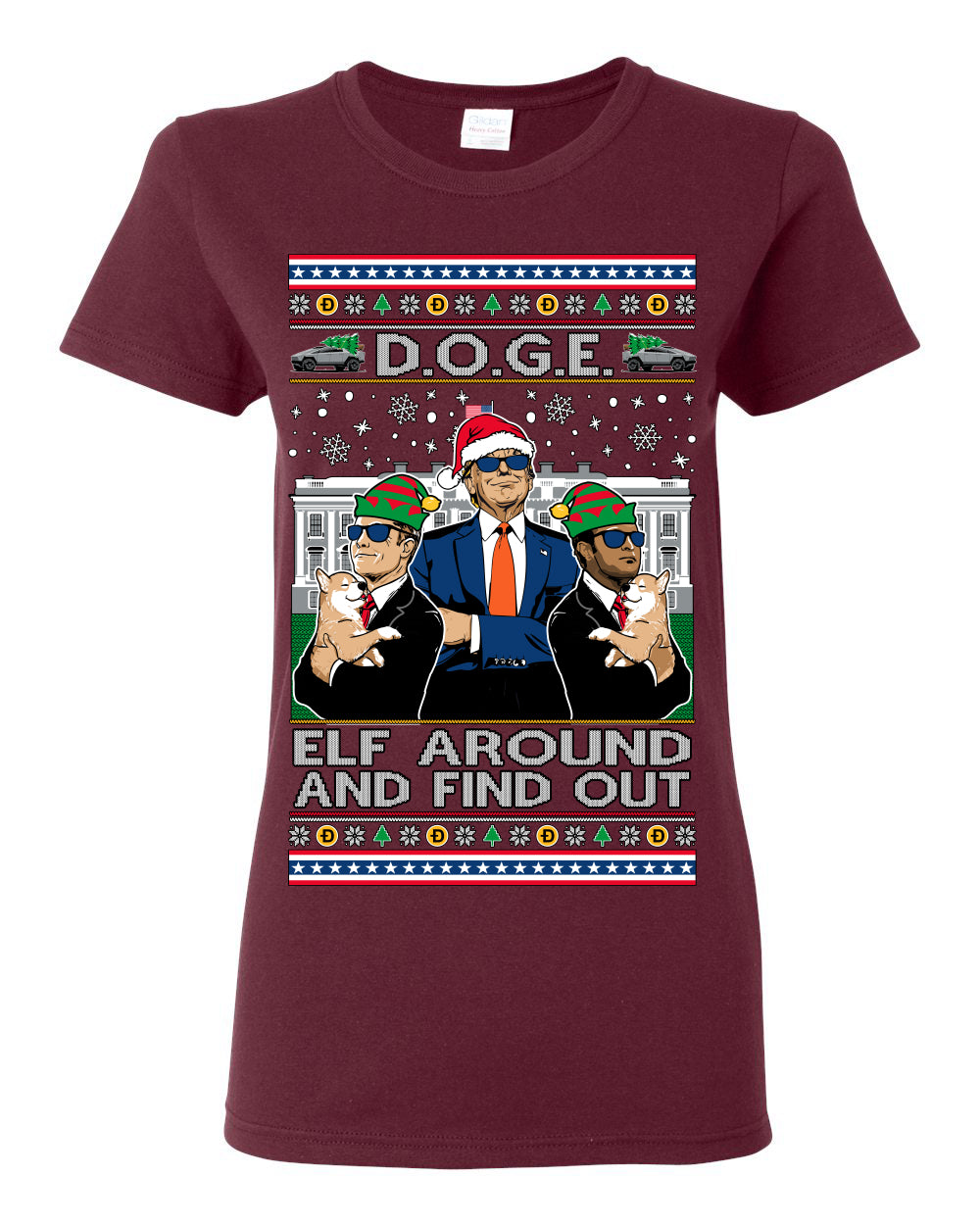 Doge Elf Around and Find Out Trump Elon Vivek, Department of Govenmental Efficiency D.O.G.E. Republicans MAGA Ugly Christmas Sweater Ugly Christmas Womens Graphic T-Shirt