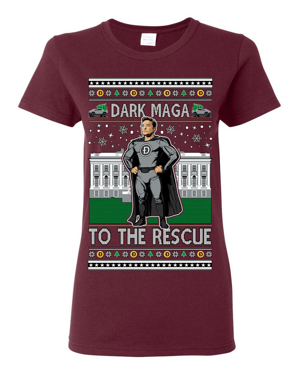 Dark MAGA to the Rescue, Elon Superhero Doge Crypto Dogecoin Make America Great Again Trump 2024 Ugly Christmas Sweater Ugly Christmas Womens Graphic T-Shirt