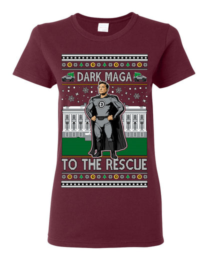 Dark MAGA to the Rescue, Elon Superhero Doge Crypto Dogecoin Make America Great Again Trump 2024 Ugly Christmas Sweater Ugly Christmas Womens Graphic T-Shirt
