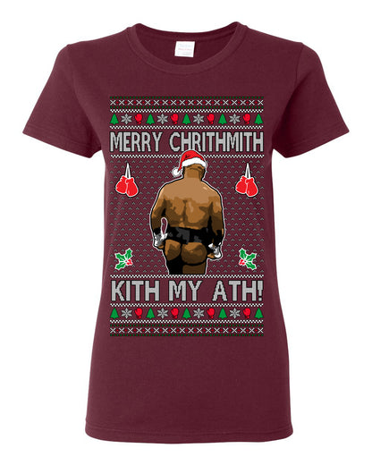 Merry Chrithmith Kith My Ath, Mike Tyson Butt Viral Kiss My Ass Boxing Fight Meme, Men Women Funny Ugly Christmas Sweater Ugly Christmas Womens Graphic T-Shirt