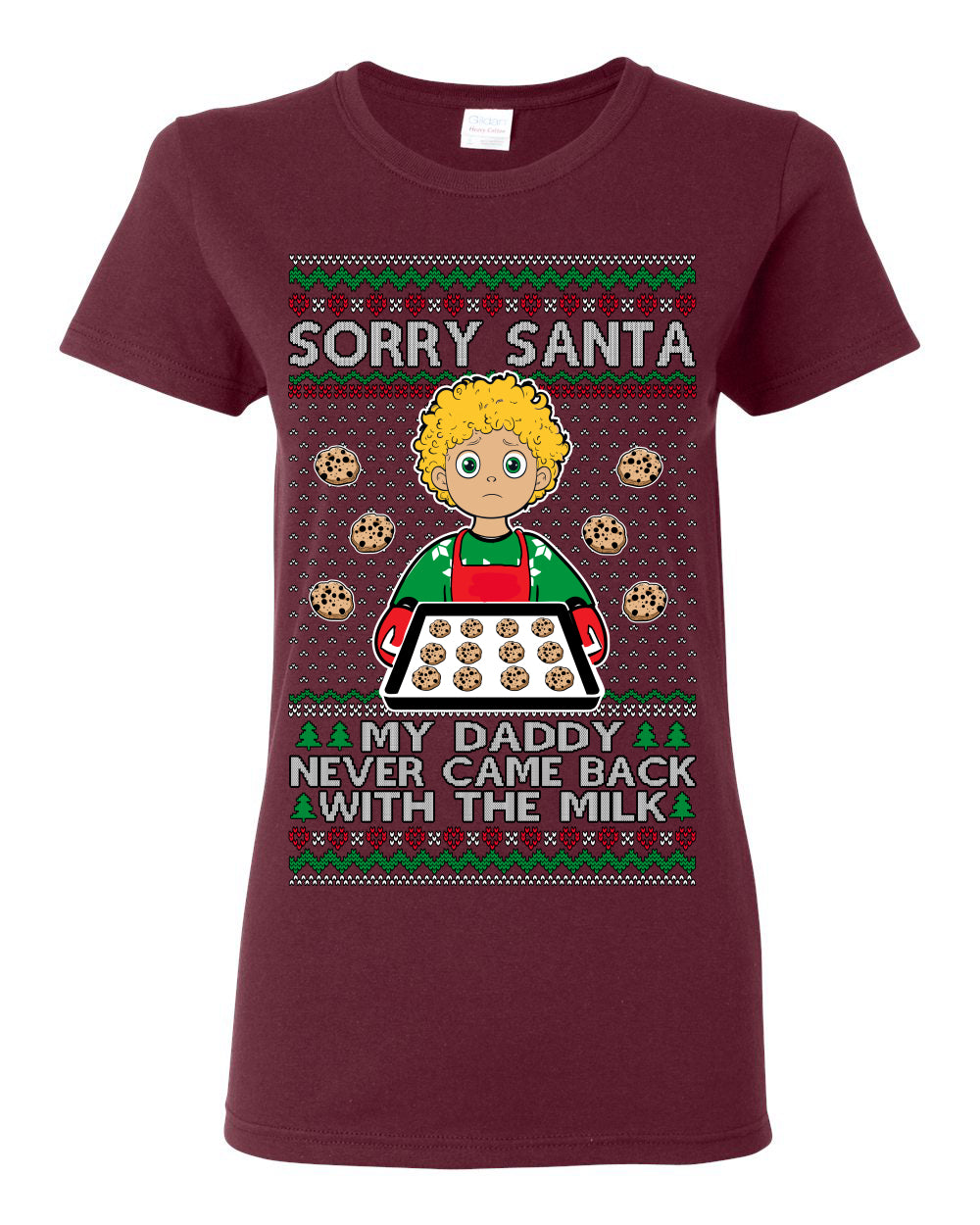 Sorry Santa Dad Never Came Back With Milk, Funny Viral Daddy Left Sad Kid Meme Ugly Christmas Sweater Ugly Christmas Womens Graphic T-Shirt
