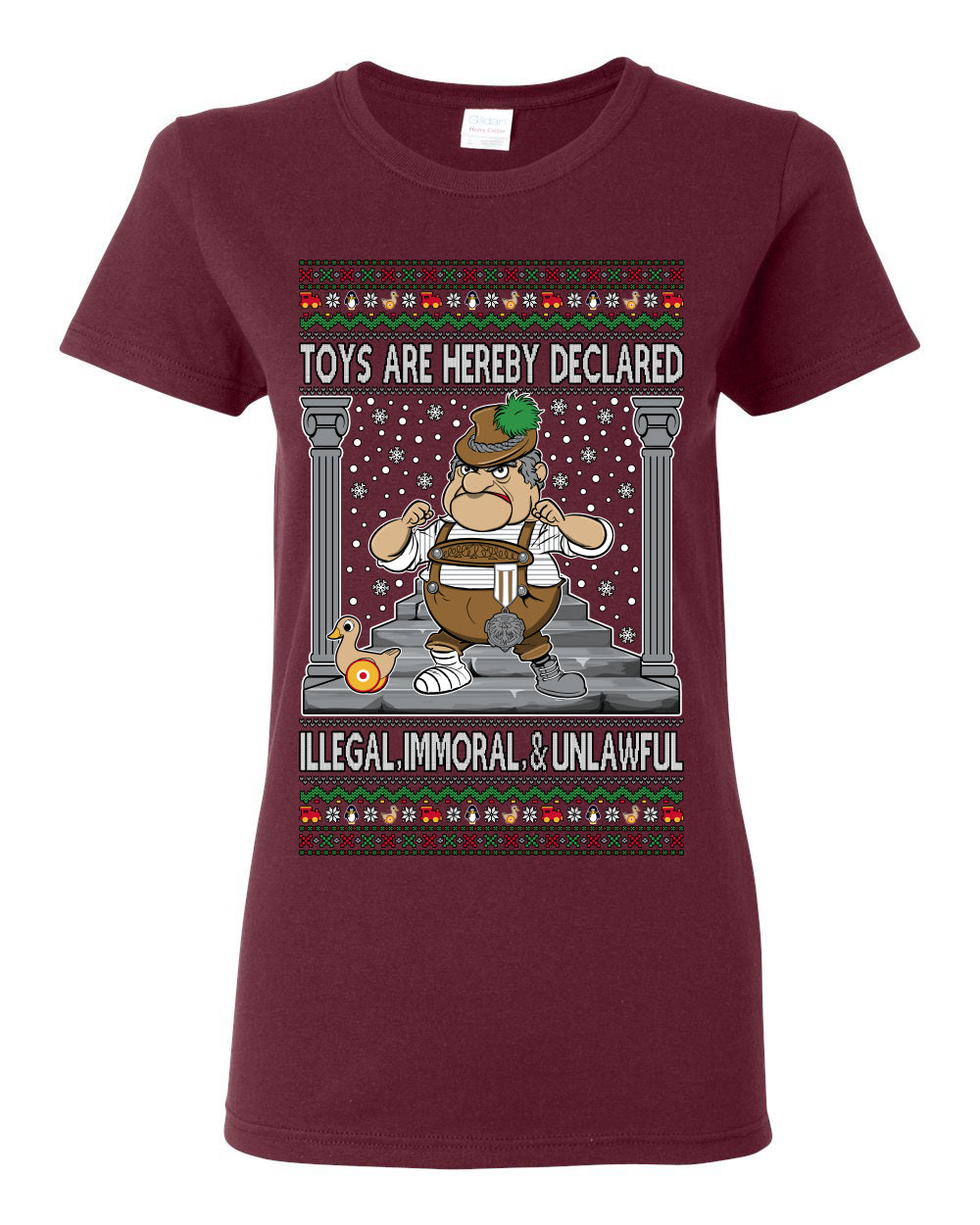 Toys Are Hereby Declared Illegal Immoral  Unlawful, Funny Classic 1970 Xmas Movie Quote Character Santa Claus Comin to Town, Ugly Christmas Sweater Ugly Christmas Womens Graphic T-Shirt