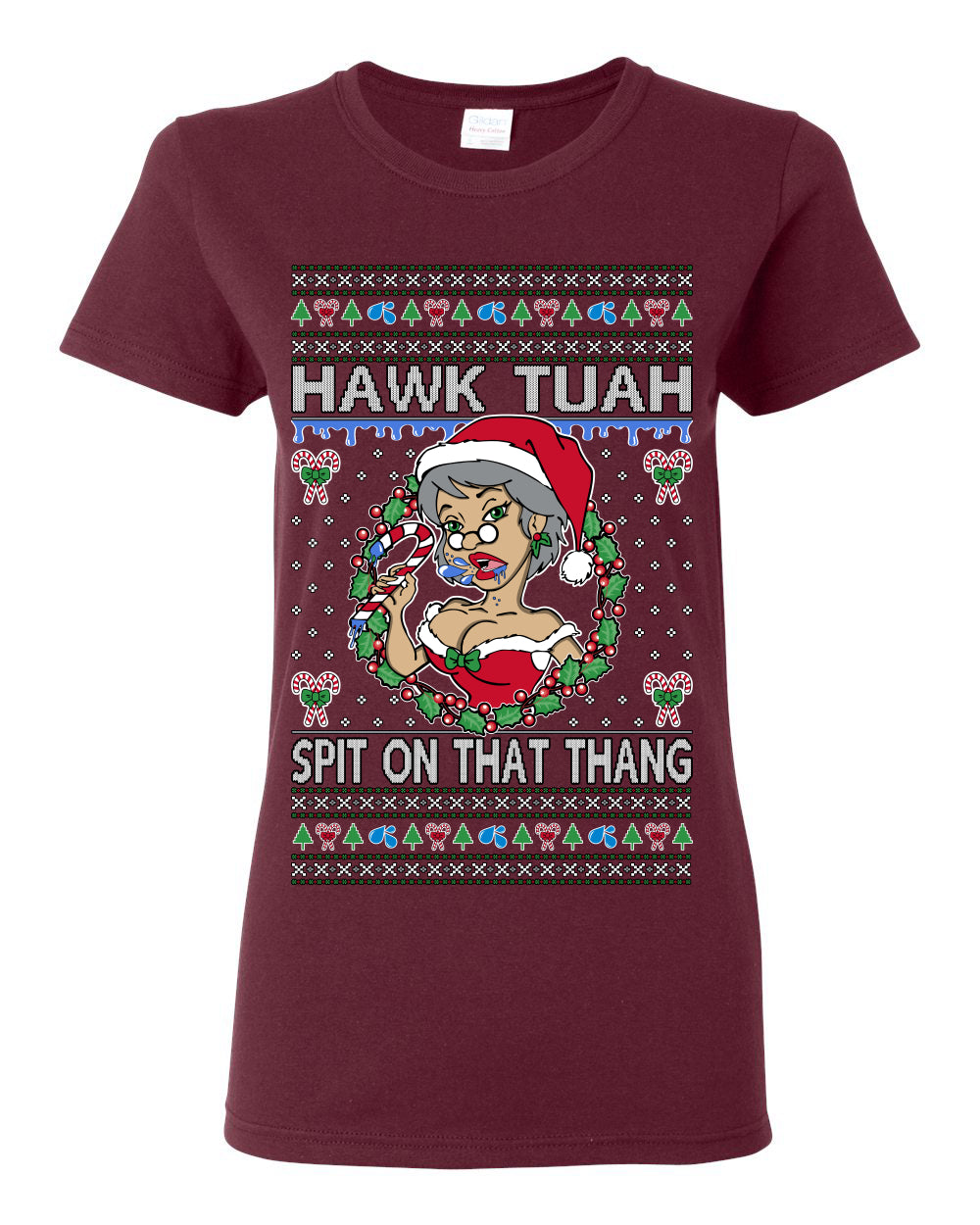 Hawk Tuah Spit On That Thang, Viral Hilarious Candy Cane Mrs Claus Funny Naughty Suck Meme, Ugly Christmas Sweater Ugly Christmas Womens Graphic T-Shirt
